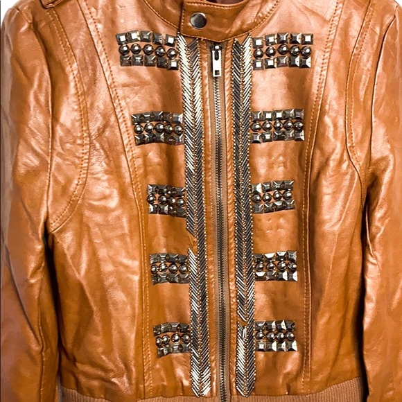 Amor Light Brown Metal Studded Pleather Jacket - Picture 4 of 11